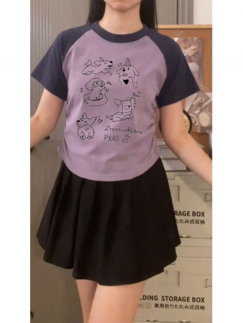 [1*1 Pure Cotton High Elasticity] Women's Pleated Waist-Slim Printed Tie-Dye Short-Sleeve T-Shirt