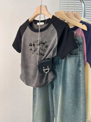 [1*1 Pure Cotton High Elasticity] Women's Pleated Waist-Slim Printed Tie-Dye Short-Sleeve T-Shirt