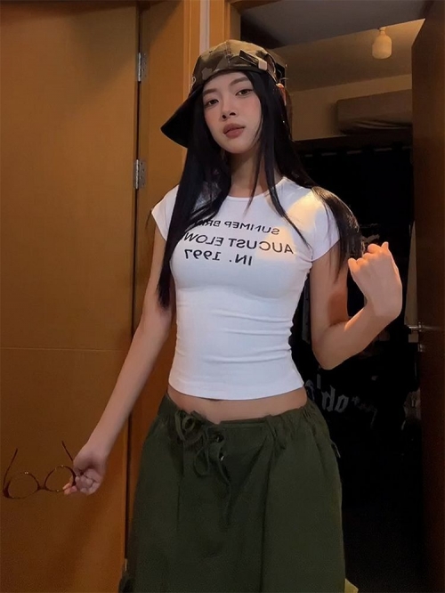 [1*1 Pure Cotton Regular Style] Printed Straight Shoulder Regular Short Sleeve High Elasticity New Summer Slim Fit