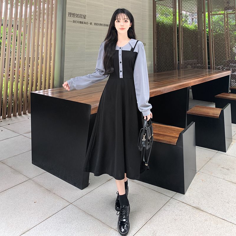 #2830 Real Shot Autumn/Winter Faux Two-Piece Dress, Flattering and Slimming for Plus Sizes, Fashionable Color Blocking