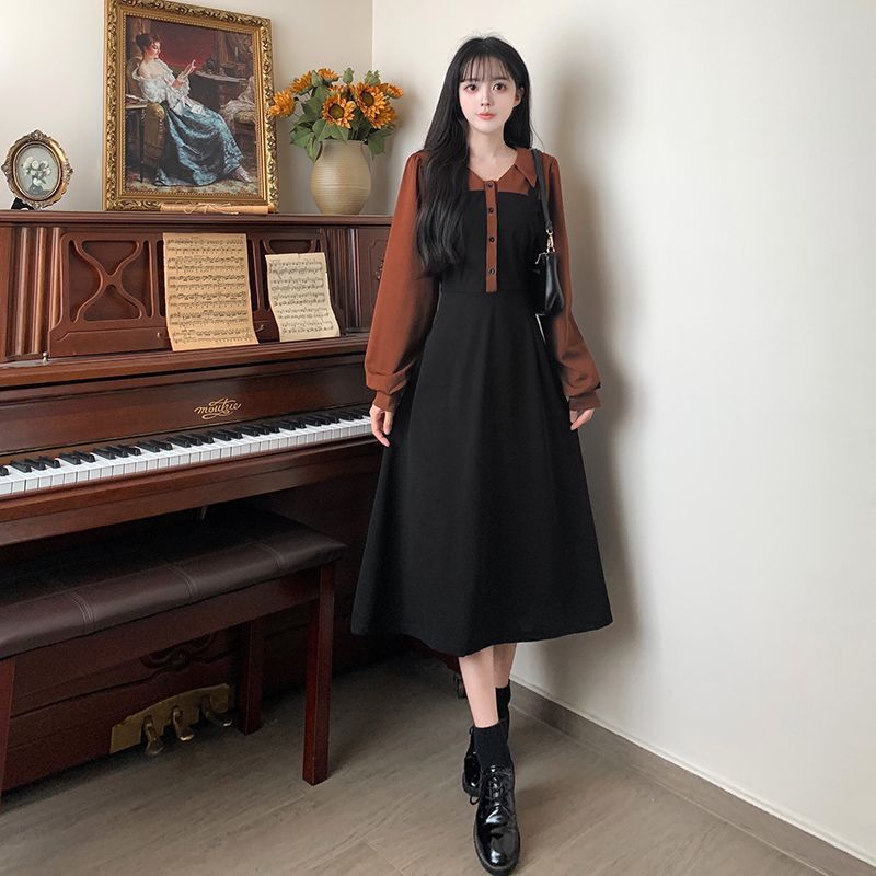 #2830 Real Shot Autumn/Winter Faux Two-Piece Dress, Flattering and Slimming for Plus Sizes, Fashionable Color Blocking