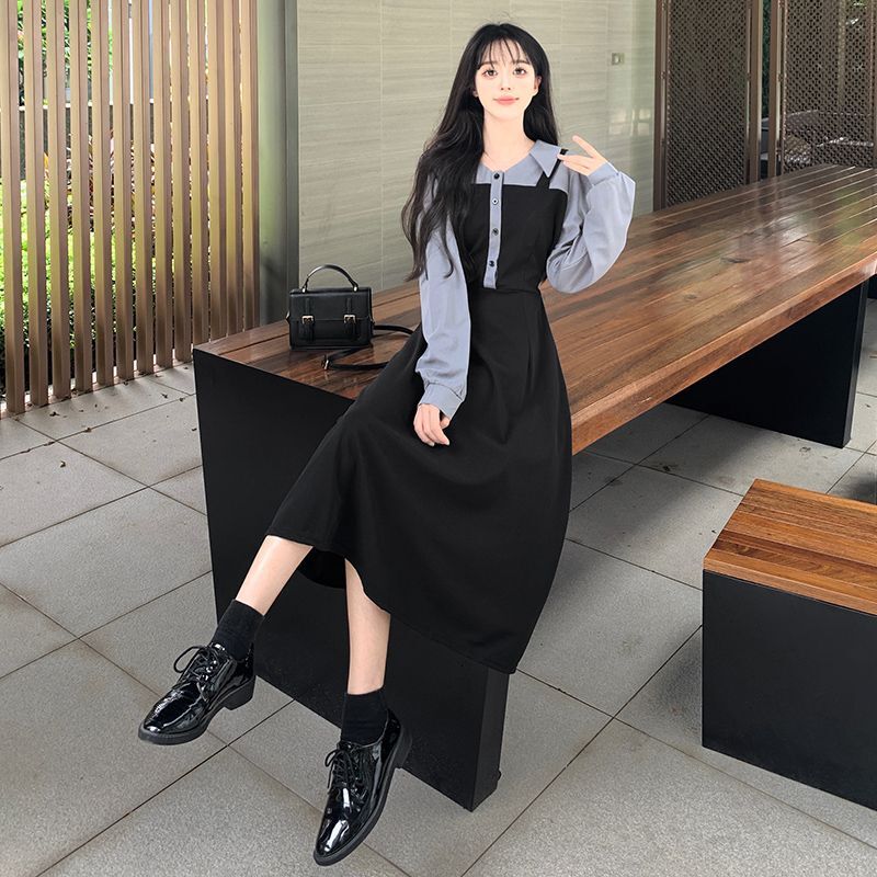 #2830 Real Shot Autumn/Winter Faux Two-Piece Dress, Flattering and Slimming for Plus Sizes, Fashionable Color Blocking