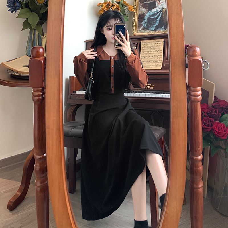 #2830 Real Shot Autumn/Winter Faux Two-Piece Dress, Flattering and Slimming for Plus Sizes, Fashionable Color Blocking