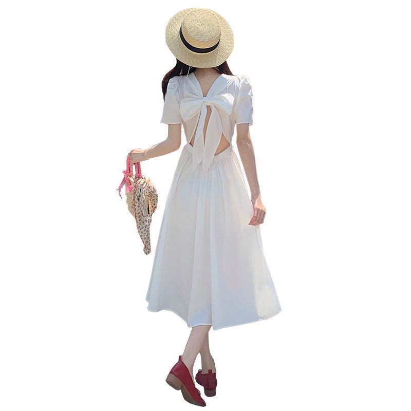 #323 Real Shot & Price: Summer New Korean Style Puff Sleeve Back Hollowed-out Bow Dress