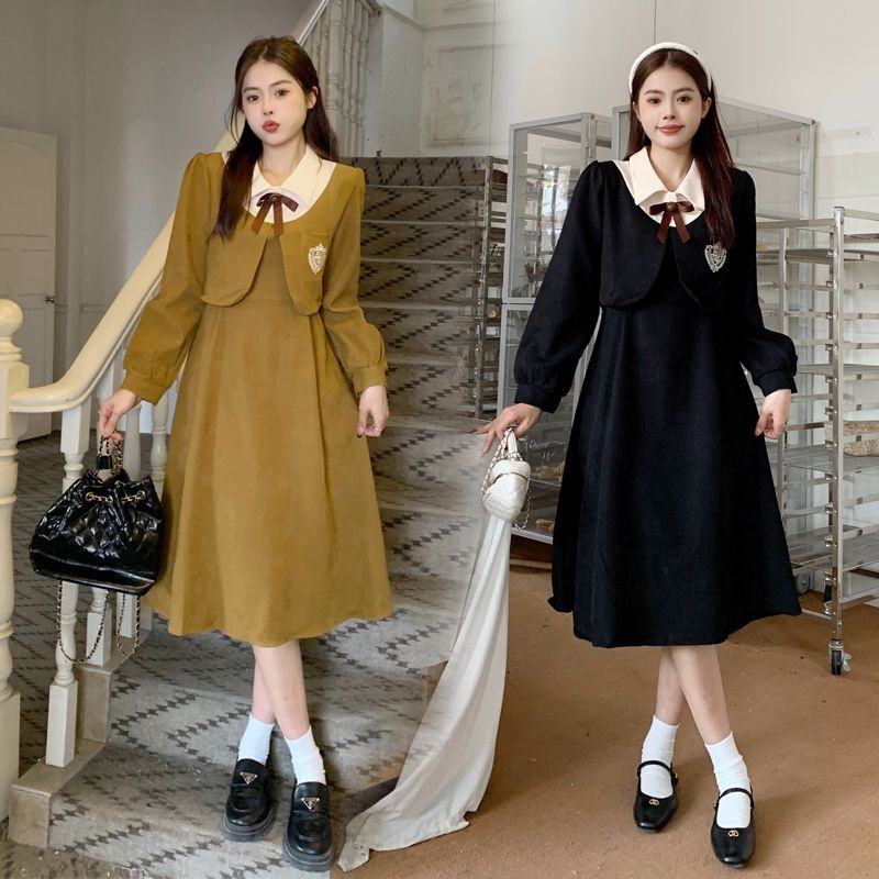 Real Photos | Includes Bow Brooch | High-End Faux Two-Piece Corduroy Dress for Women, Autumn/Winter French Preppy Style