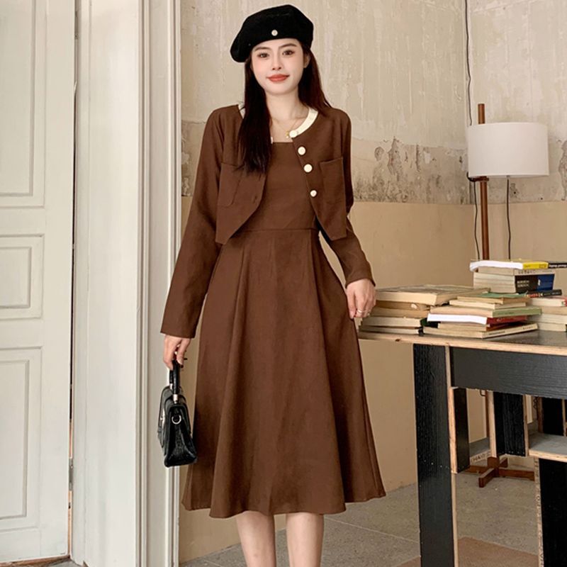 Real Shot | Two-Piece Set | High-End Cardigan Jacket + Slip Dress Women's Autumn/Winter French Corduroy Suit
