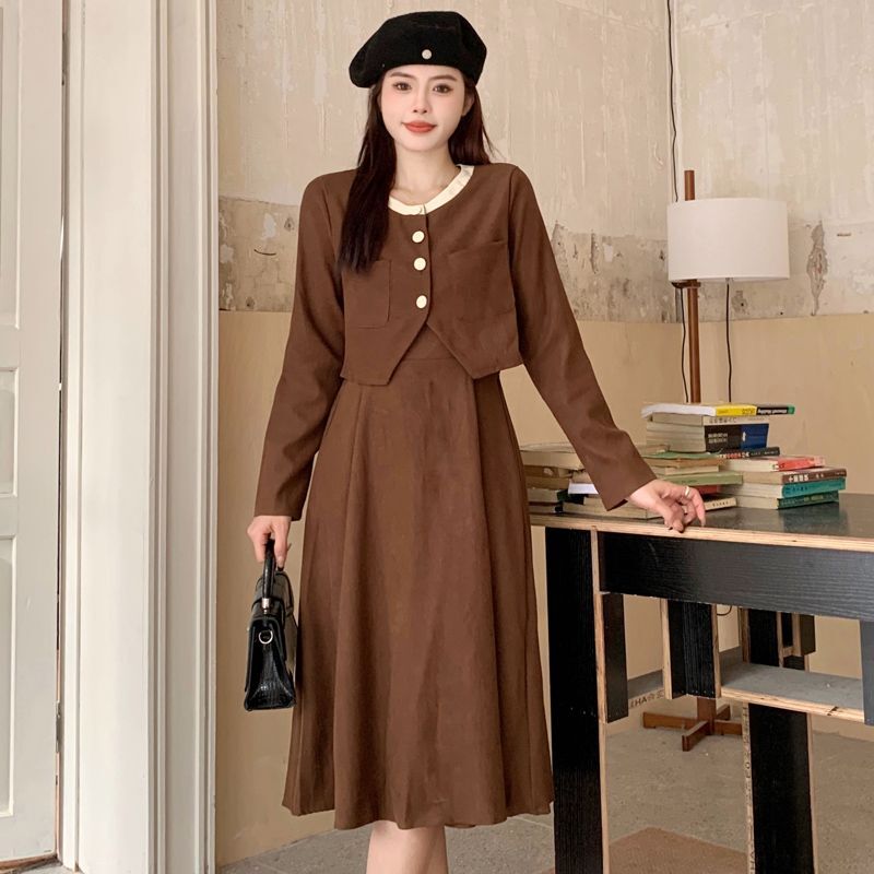 Real Shot | Two-Piece Set | High-End Cardigan Jacket + Slip Dress Women's Autumn/Winter French Corduroy Suit