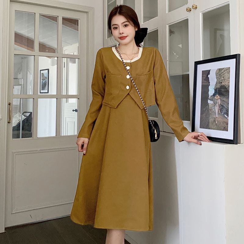Real Shot | Two-Piece Set | High-End Cardigan Jacket + Slip Dress Women's Autumn/Winter French Corduroy Suit