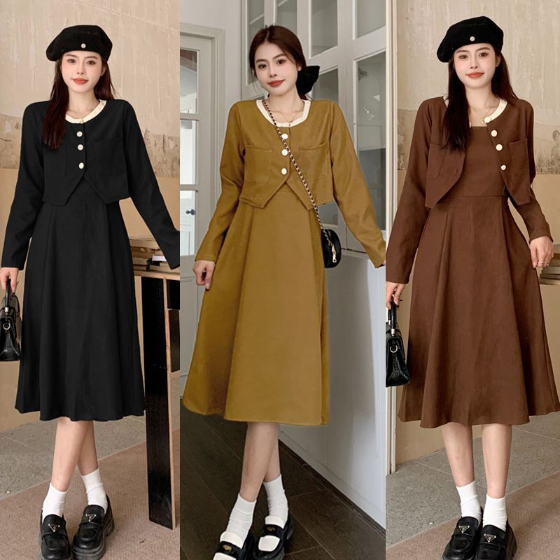 Real Shot | Two-Piece Set | High-End Cardigan Jacket + Slip Dress Women's Autumn/Winter French Corduroy Suit