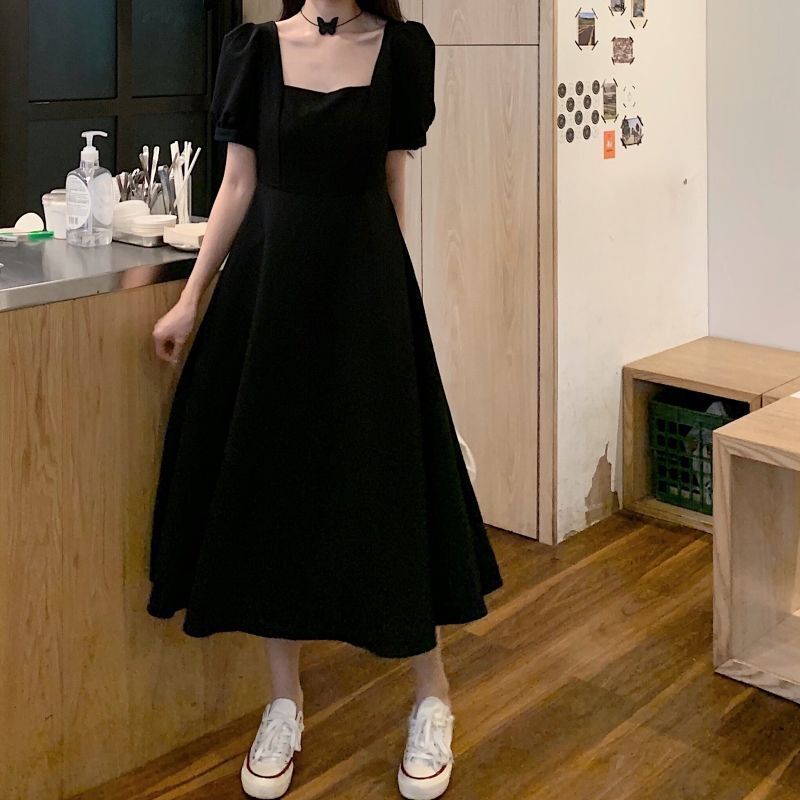 #518 Official Photos & Actual Price: Hepburn Little Black Dress - Slimming French Retro Style Square Neck Over-the-Knee Long Dress