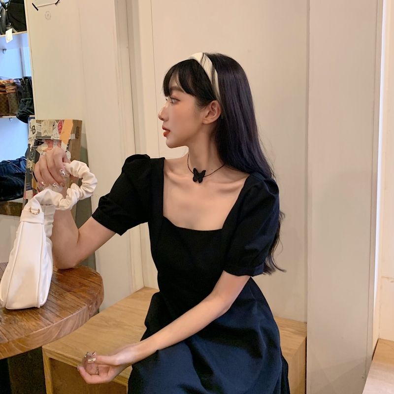 #518 Official Photos & Actual Price: Hepburn Little Black Dress - Slimming French Retro Style Square Neck Over-the-Knee Long Dress