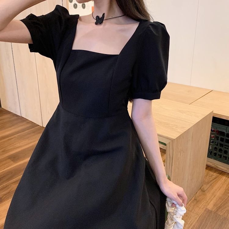 #518 Official Photos & Actual Price: Hepburn Little Black Dress - Slimming French Retro Style Square Neck Over-the-Knee Long Dress