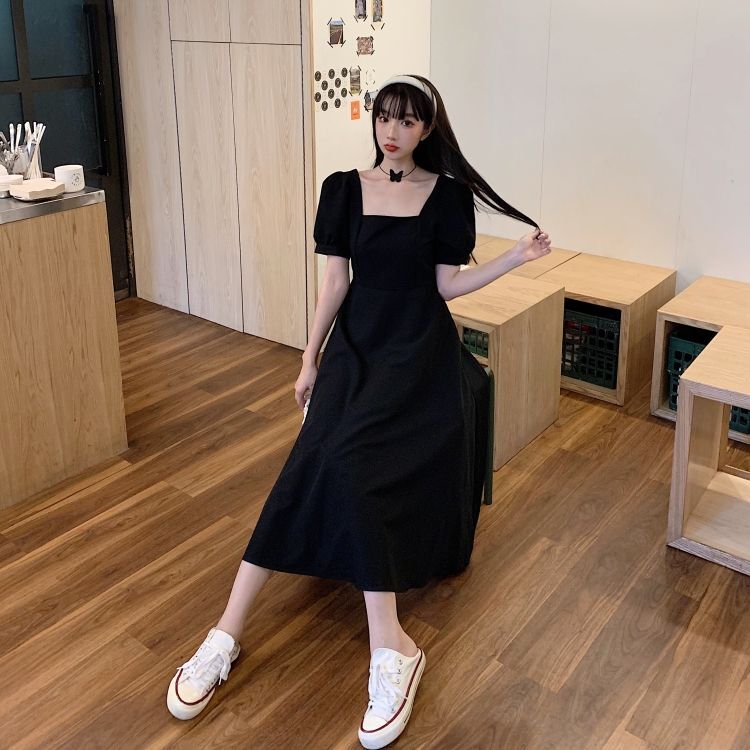 #518 Official Photos & Actual Price: Hepburn Little Black Dress - Slimming French Retro Style Square Neck Over-the-Knee Long Dress