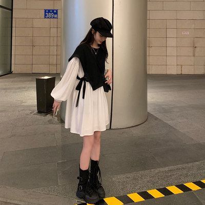 #565 Official Image & Price: Autumn/Winter New Korean Style Irregular Two-Piece Color-Blocked Lantern Sleeve Dress