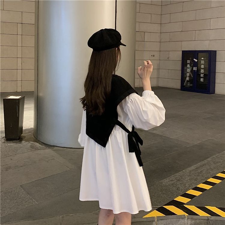 #565 Official Image & Price: Autumn/Winter New Korean Style Irregular Two-Piece Color-Blocked Lantern Sleeve Dress