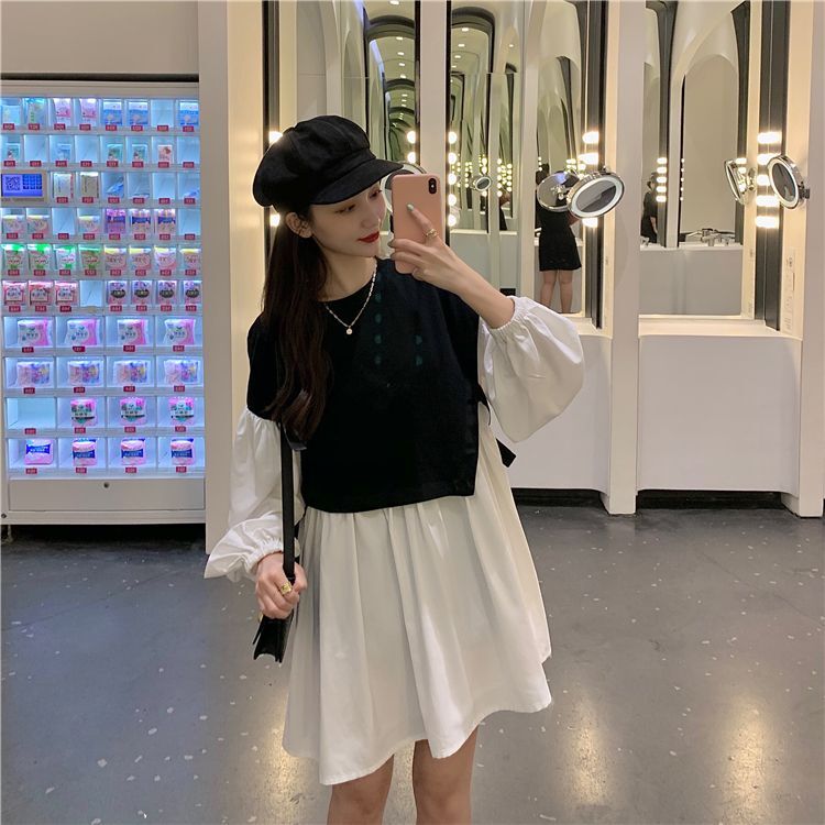 #565 Official Image & Price: Autumn/Winter New Korean Style Irregular Two-Piece Color-Blocked Lantern Sleeve Dress