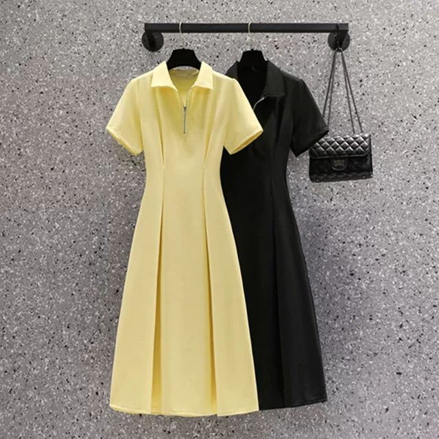 #818 Official Images & Price: Plus Size Women's Summer Short-Sleeve Dress - Fashionable, Slimming, Waist-Defining, Elegant A-Line