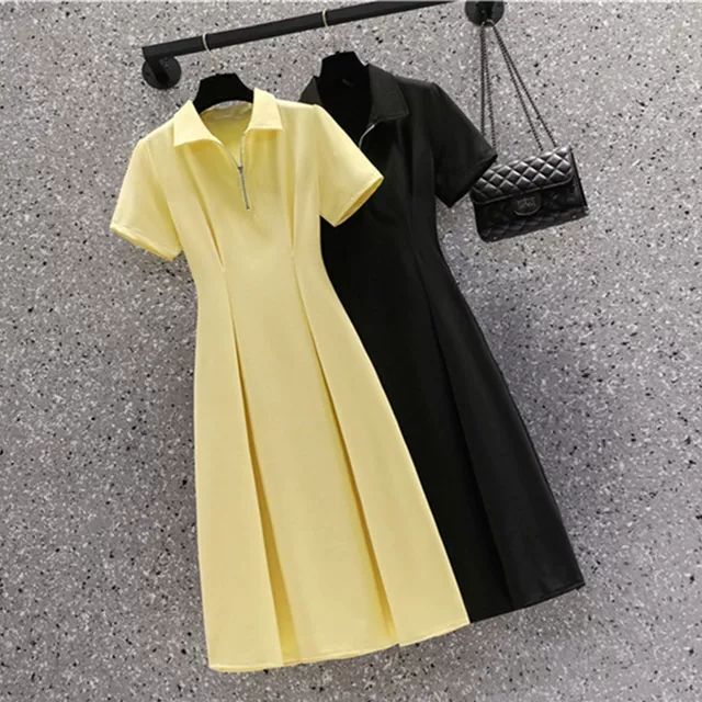#818 Official Images & Price: Plus Size Women's Summer Short-Sleeve Dress - Fashionable, Slimming, Waist-Defining, Elegant A-Line
