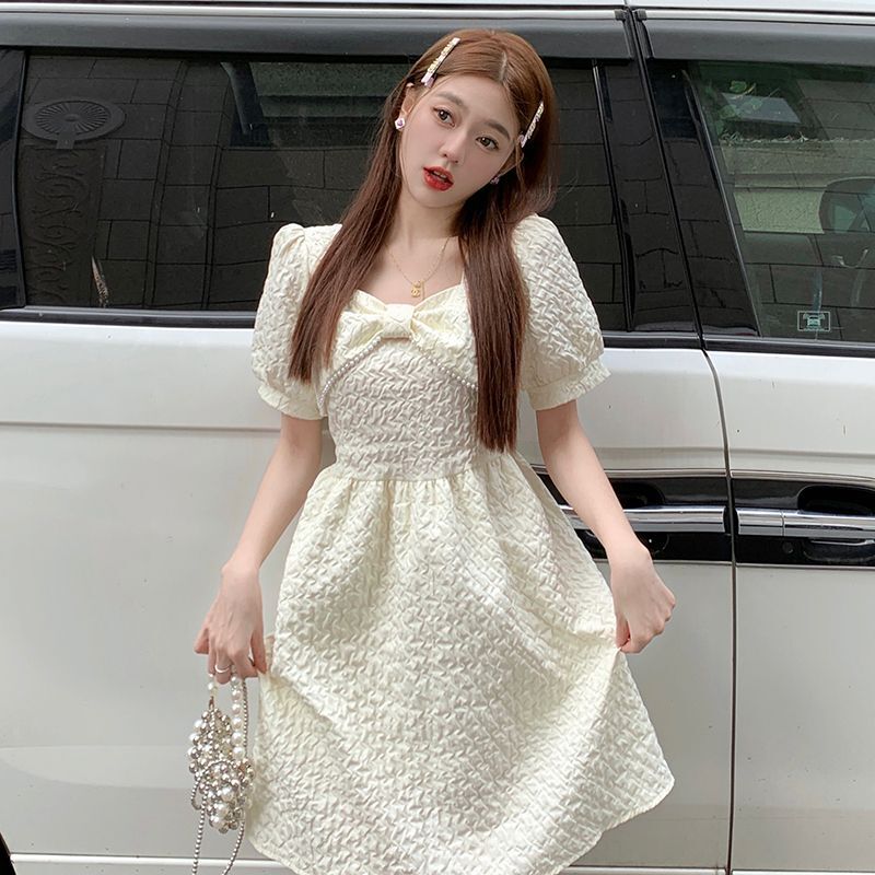 #820 Real Shot & Price: Pearl Trim Custom Bow Waist-cinching Slimming Hepburn Style French Dress for Women