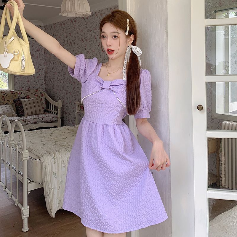 #820 Real Shot & Price: Pearl Trim Custom Bow Waist-cinching Slimming Hepburn Style French Dress for Women