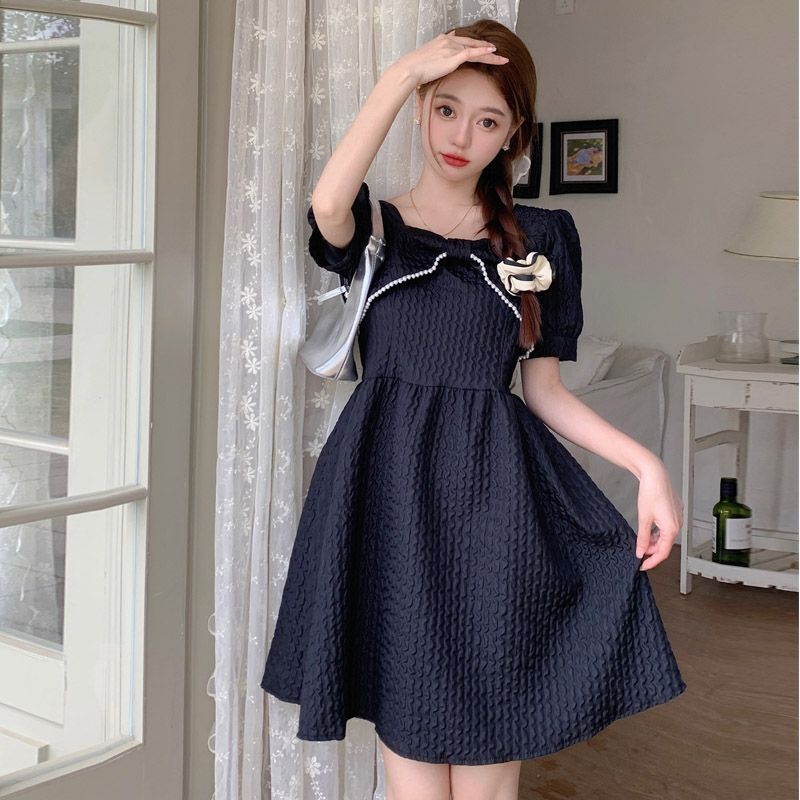#820 Real Shot & Price: Pearl Trim Custom Bow Waist-cinching Slimming Hepburn Style French Dress for Women