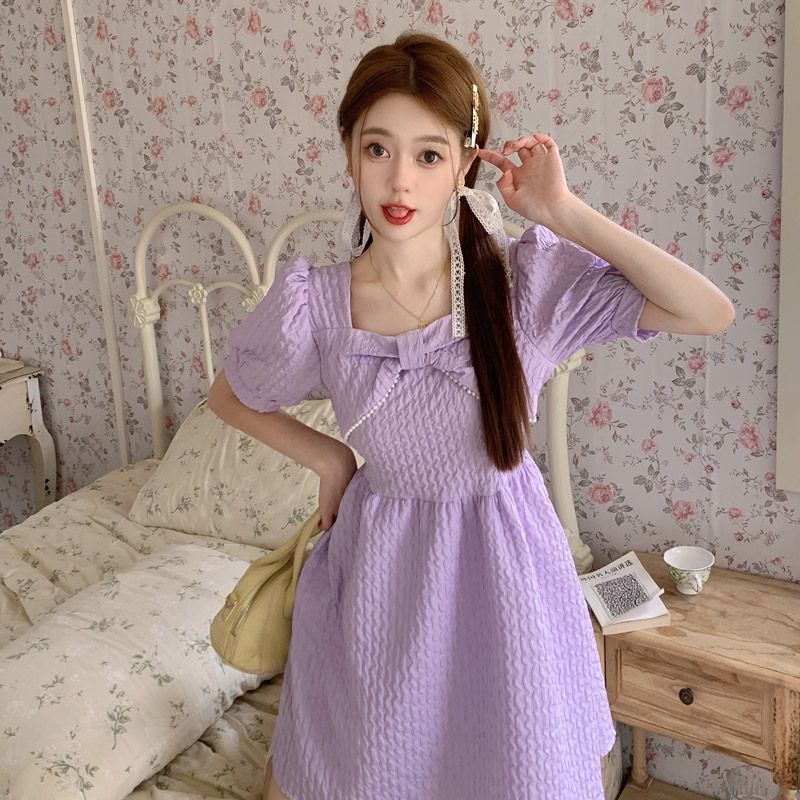 #820 Real Shot & Price: Pearl Trim Custom Bow Waist-cinching Slimming Hepburn Style French Dress for Women