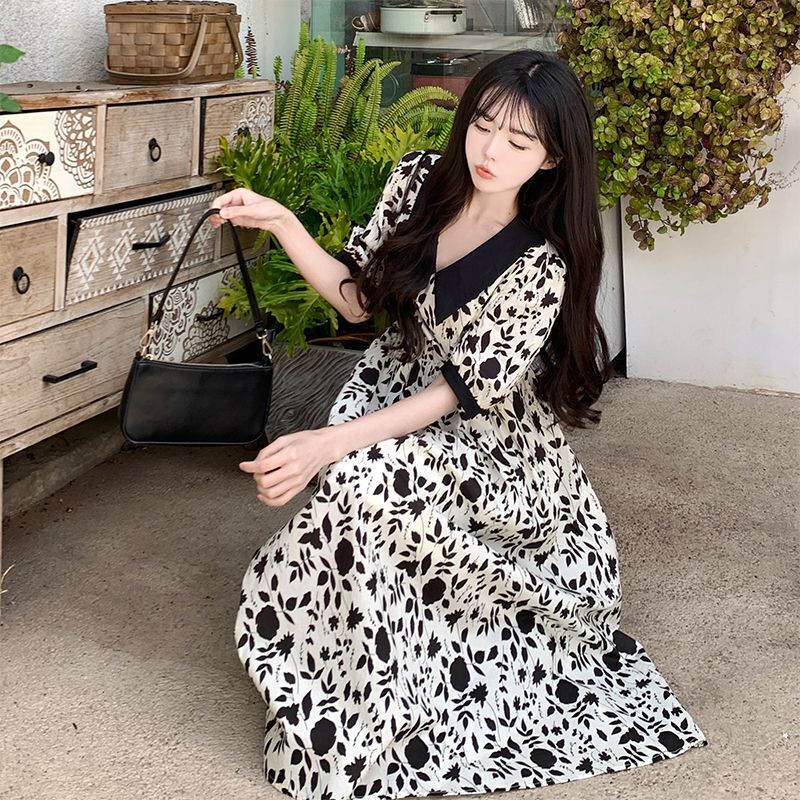 #827 Real Shot & Price 2025 French Retro Floral Dress V-neck Waist-cinching Puff Sleeves Tea Dress