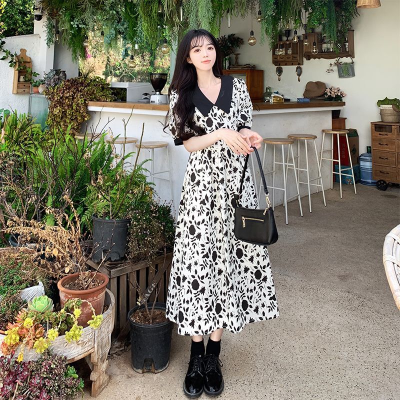 #827 Real Shot & Price 2025 French Retro Floral Dress V-neck Waist-cinching Puff Sleeves Tea Dress