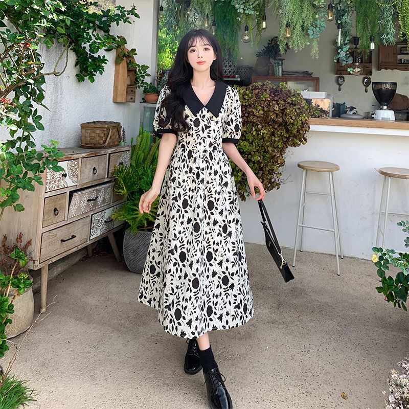 #827 Real Shot & Price 2025 French Retro Floral Dress V-neck Waist-cinching Puff Sleeves Tea Dress