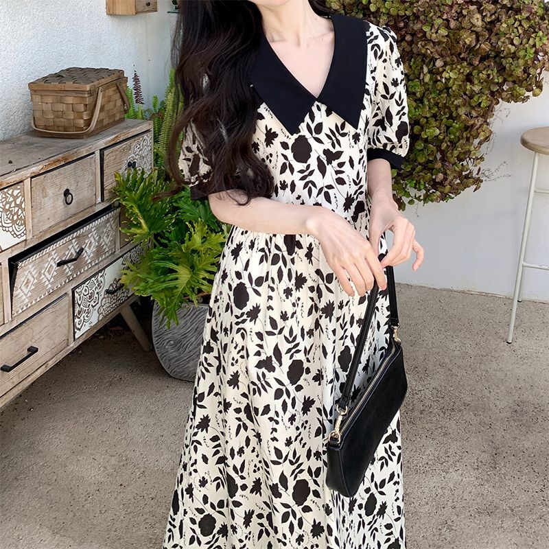 #827 Real Shot & Price 2025 French Retro Floral Dress V-neck Waist-cinching Puff Sleeves Tea Dress