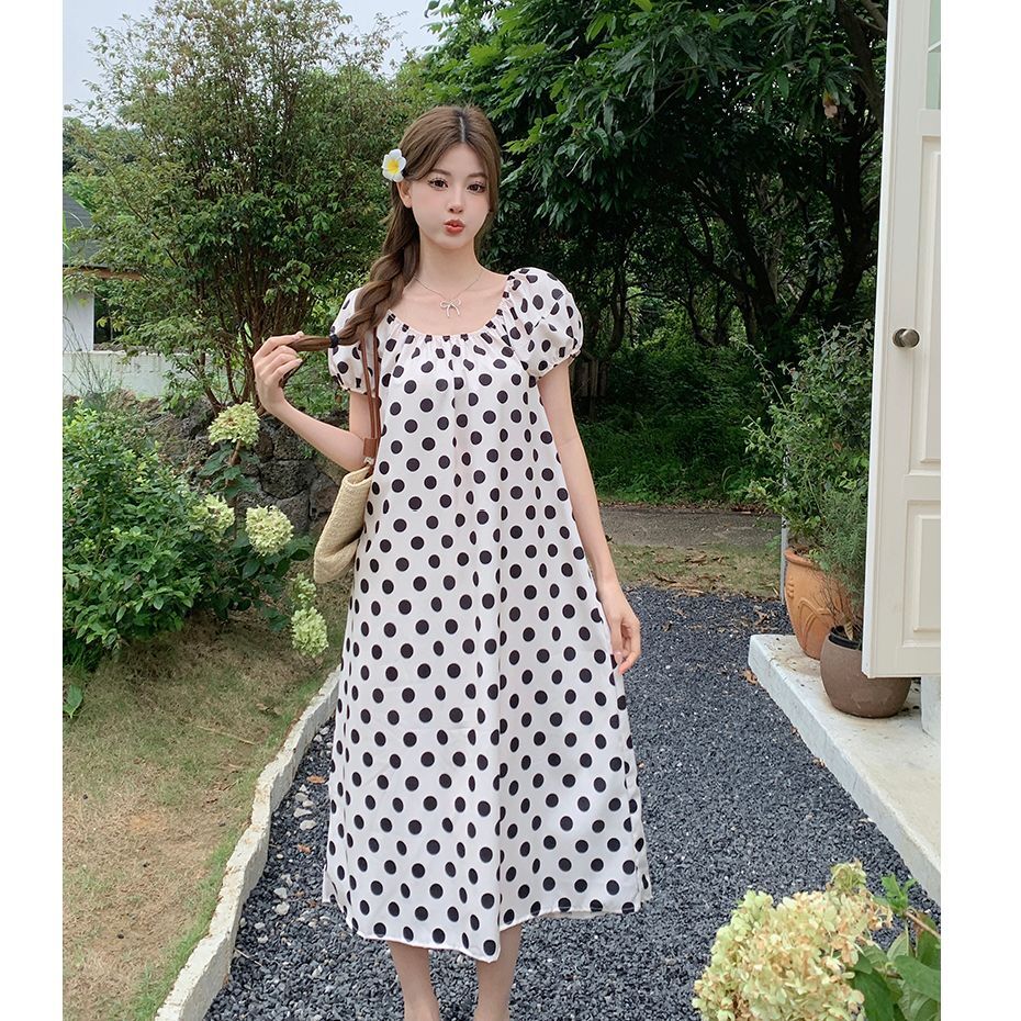Real photos of a chic and exquisite French-style polka dot puff sleeve dress, a new summer 2025 women's long dress.