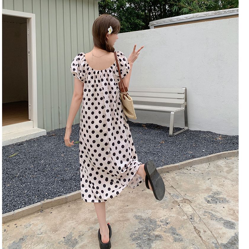 Real photos of a chic and exquisite French-style polka dot puff sleeve dress, a new summer 2025 women's long dress.