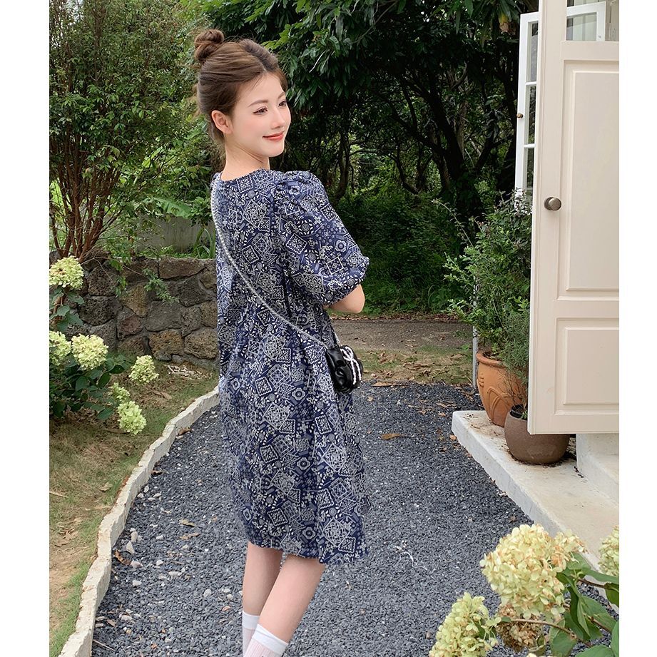 Real photos of a French-style floral dress, 2025 summer new style for women, Korean design, unique puff sleeves, short length.