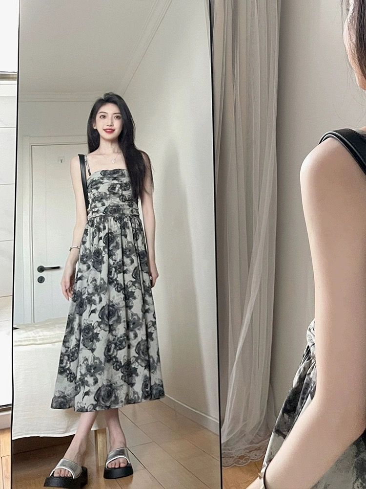 | Original craftsmanship, adjustable shoulder straps | Ink-wash floral print strapless halter dress for women, summer style, fitted waist, elegant design