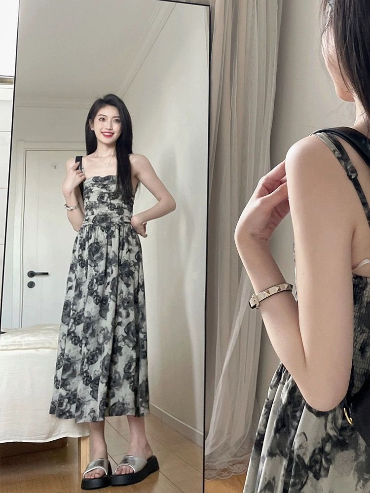 | Original craftsmanship, adjustable shoulder straps | Ink-wash floral print strapless halter dress for women, summer style, fitted waist, elegant design