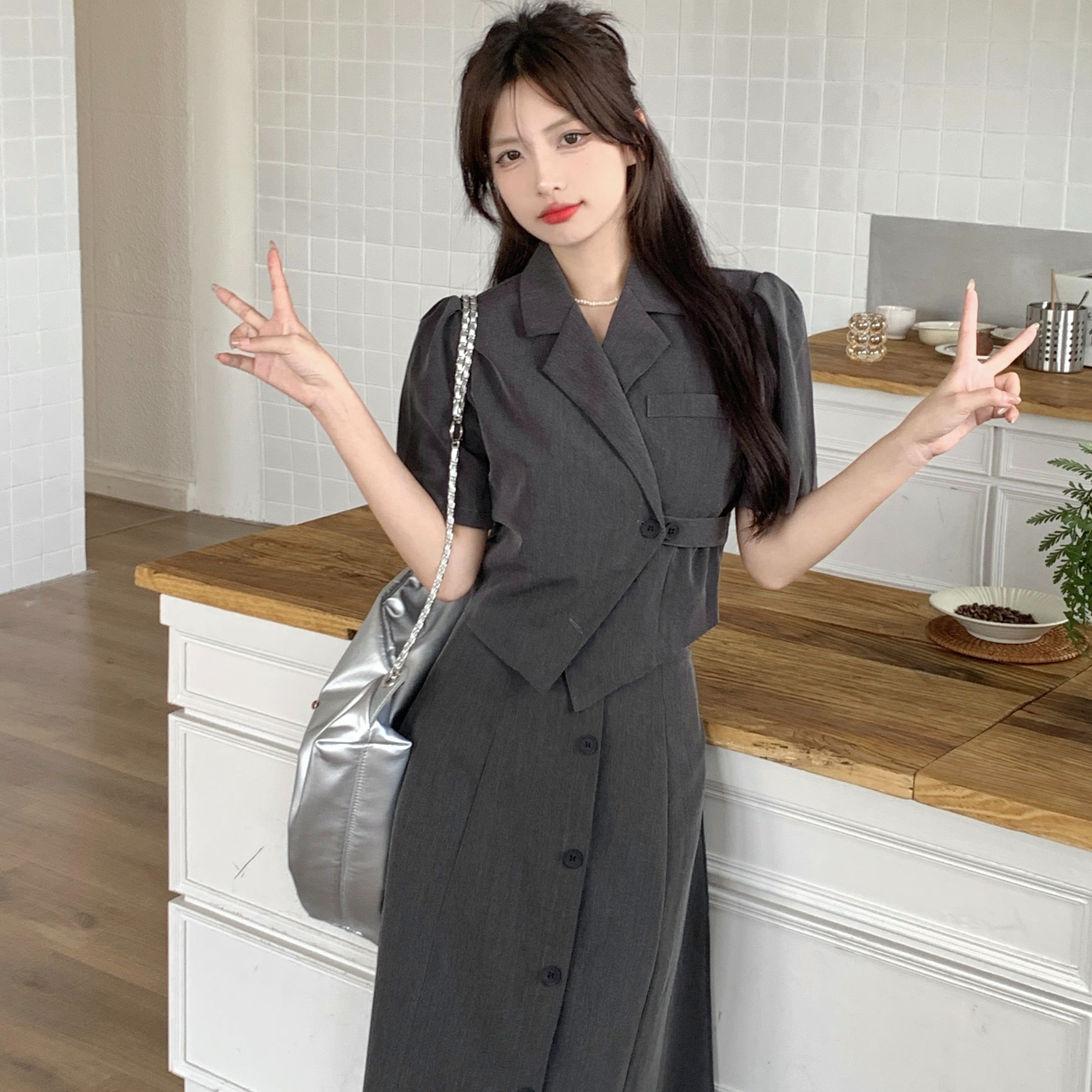 Korean style irregular suit jacket and skirt set for women, summer, plus size, slimming, elegant two-piece set