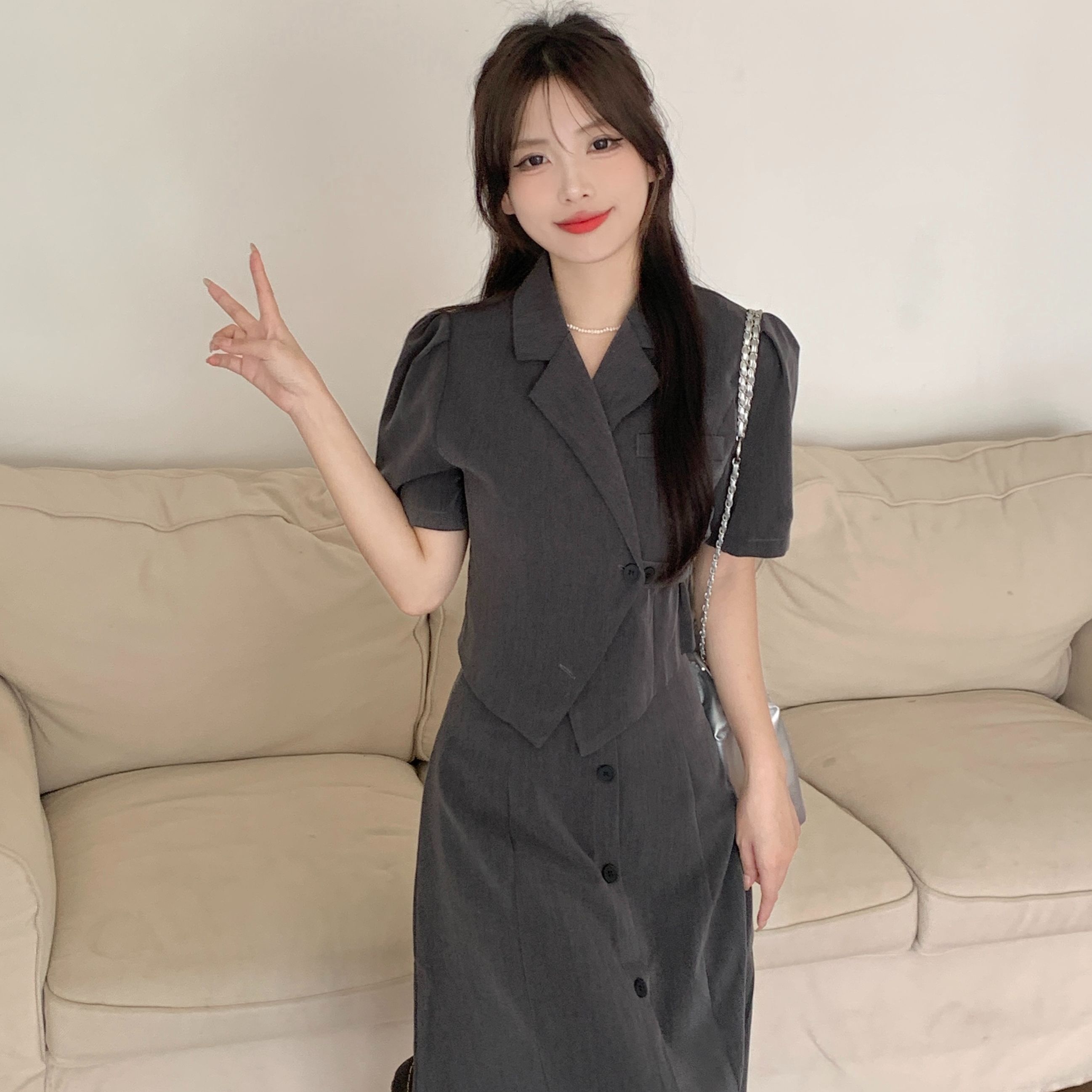 Korean style irregular suit jacket and skirt set for women, summer, plus size, slimming, elegant two-piece set