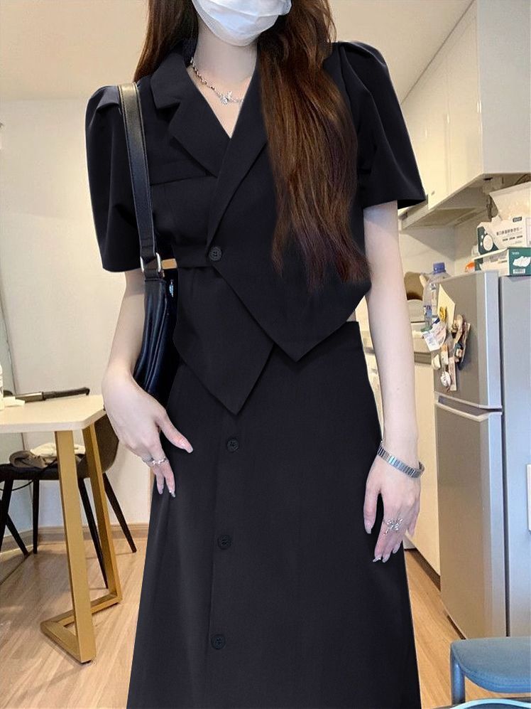 Korean style irregular suit jacket and skirt set for women, summer, plus size, slimming, elegant two-piece set