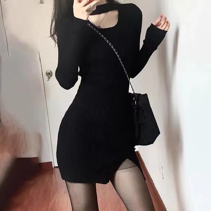 Pure and alluring bodycon skirt, 2025 spring and autumn new style, high elasticity, elegant and slim fit, nightclub cutout sexy black dress