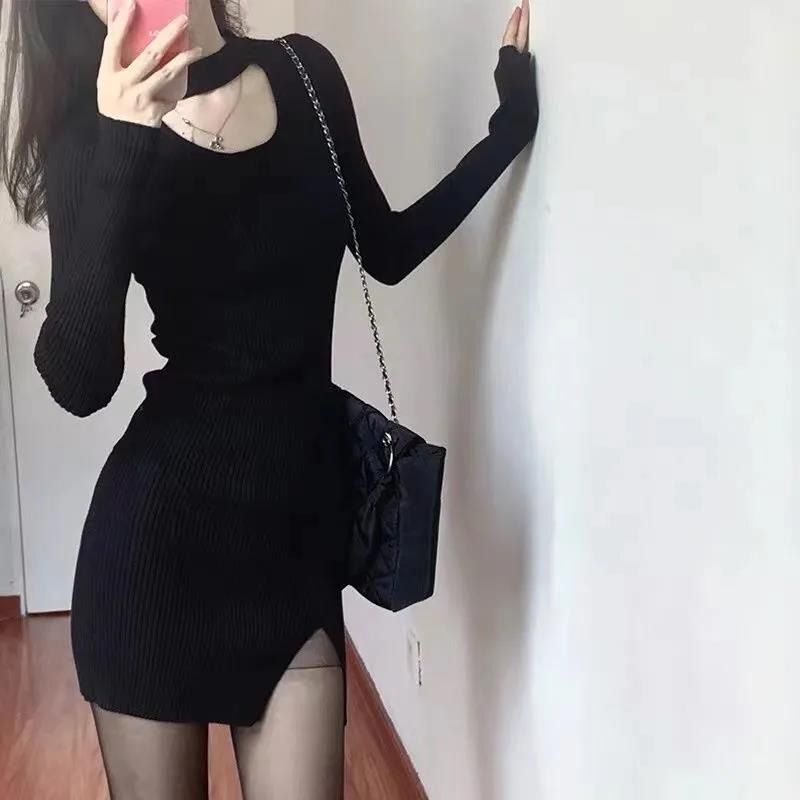 Pure and alluring bodycon skirt, 2025 spring and autumn new style, high elasticity, elegant and slim fit, nightclub cutout sexy black dress