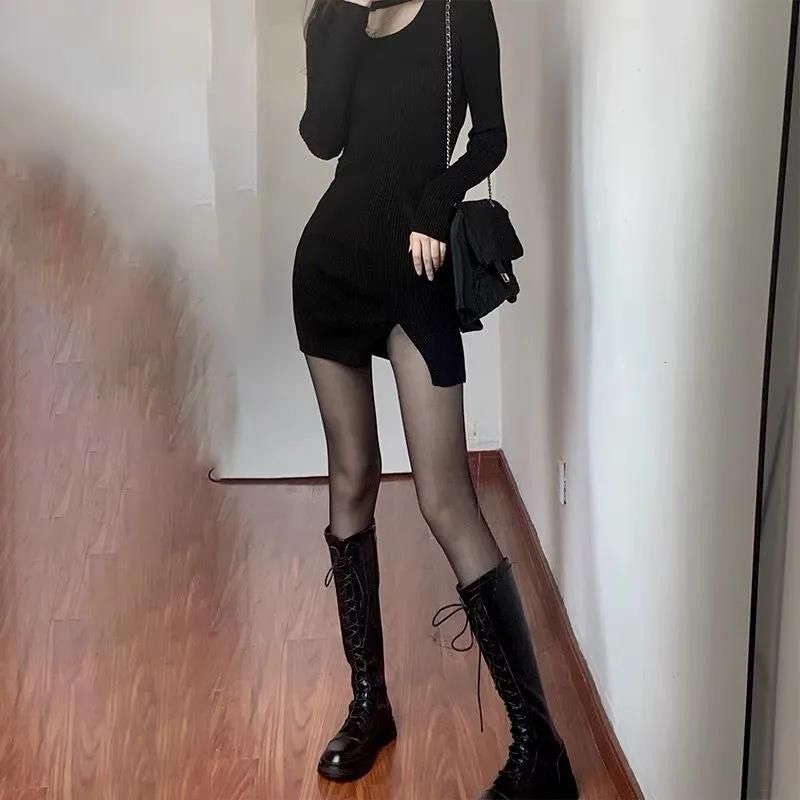 Pure and alluring bodycon skirt, 2025 spring and autumn new style, high elasticity, elegant and slim fit, nightclub cutout sexy black dress