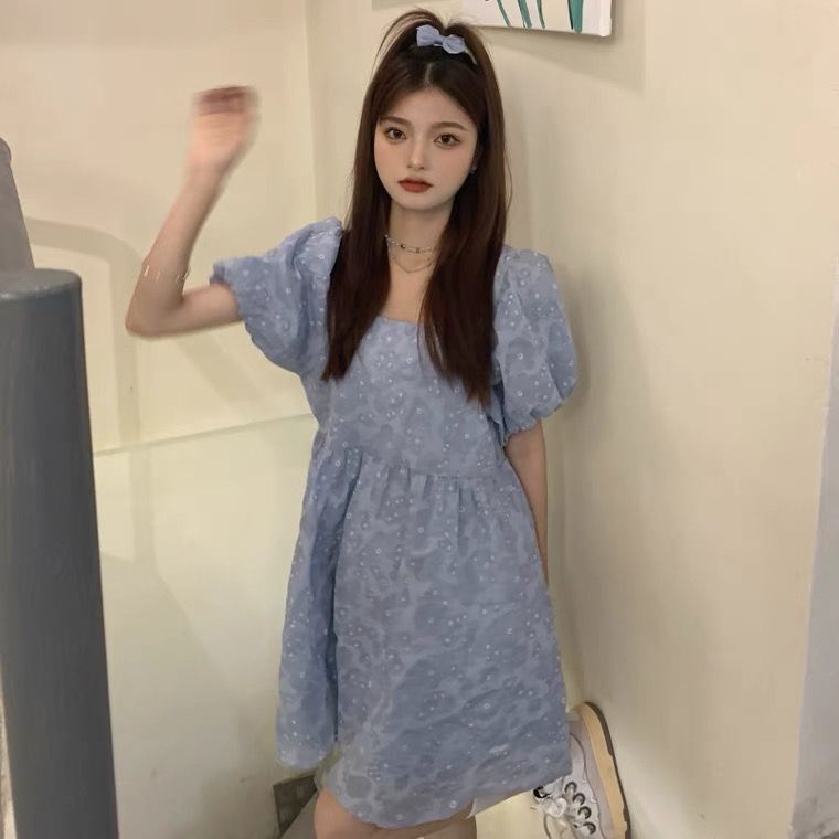 2025 New Design Niche Blue Puff Sleeve Dress for Women, Summer French Fairy Dress