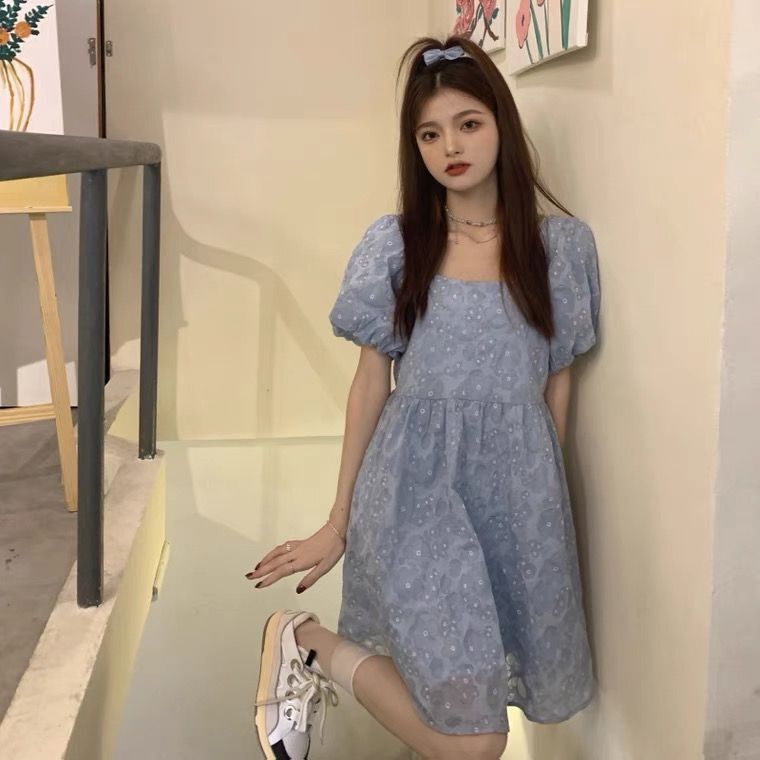 2025 New Design Niche Blue Puff Sleeve Dress for Women, Summer French Fairy Dress