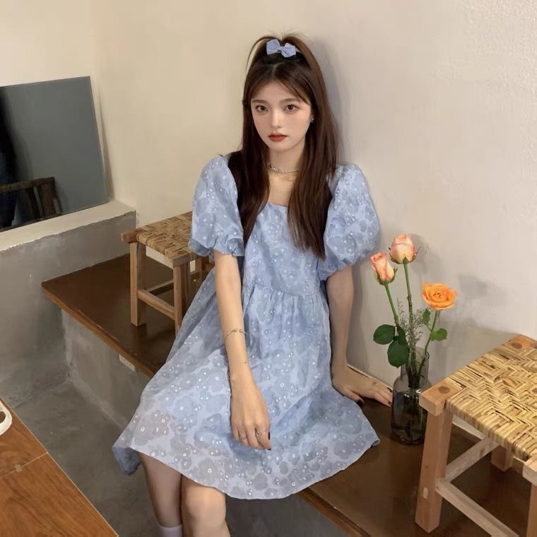 2025 New Design Niche Blue Puff Sleeve Dress for Women, Summer French Fairy Dress