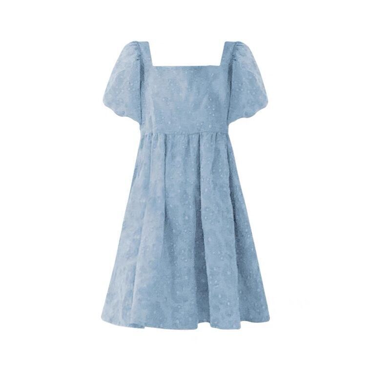 2025 New Design Niche Blue Puff Sleeve Dress for Women, Summer French Fairy Dress