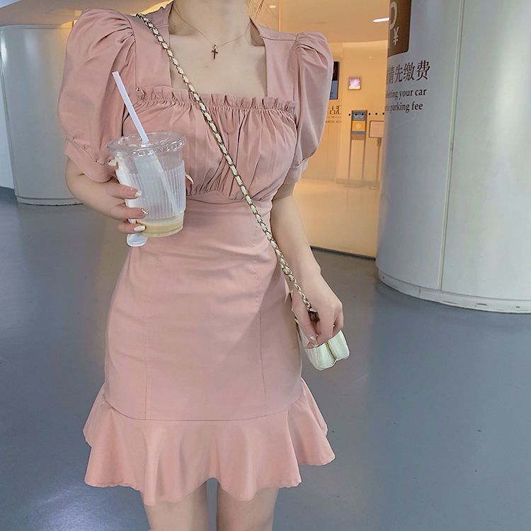 Sweet and spicy girl puff sleeve pink dress for women, summer 2025 new style, French first love, petite and elegant short dress