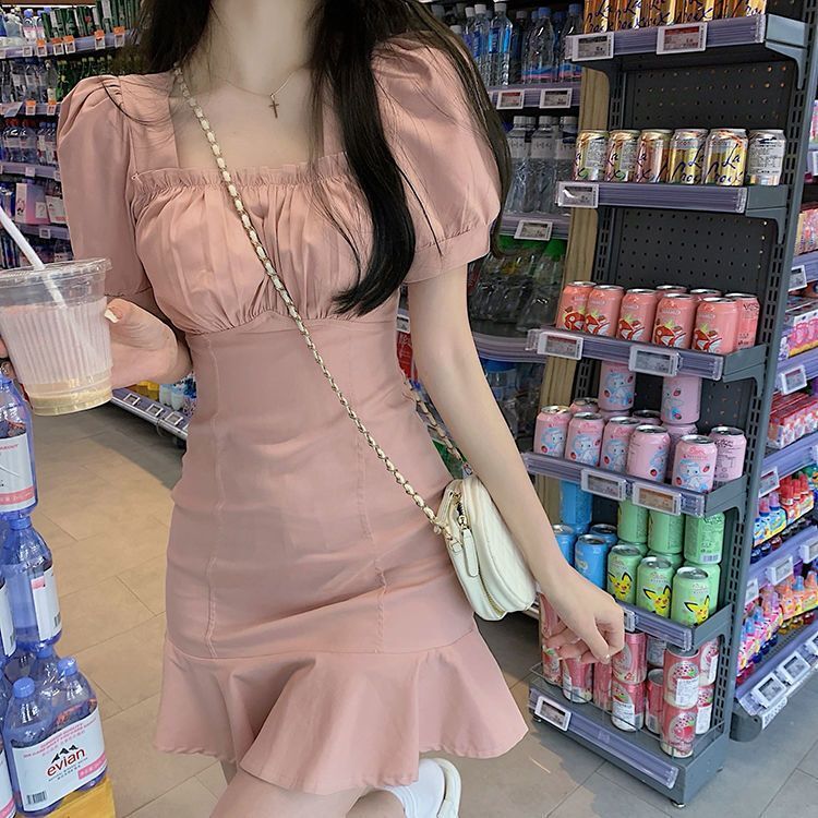 Sweet and spicy girl puff sleeve pink dress for women, summer 2025 new style, French first love, petite and elegant short dress