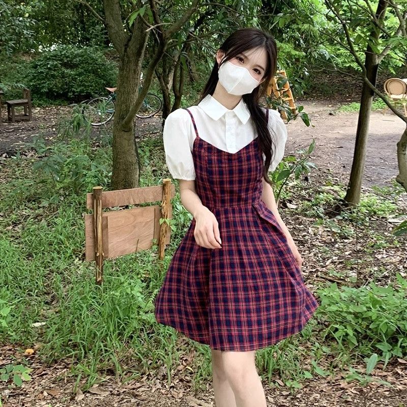 Preppy style puff sleeve dress for women, summer, high-quality, petite, elegant, waist-cinching, faux two-piece plaid mini skirt