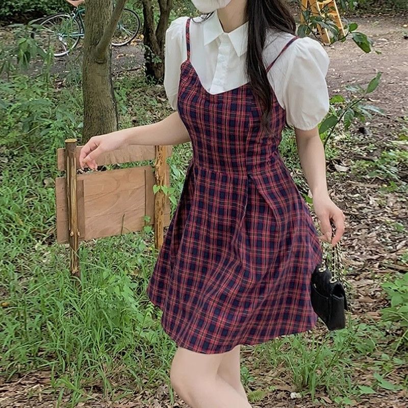 Preppy style puff sleeve dress for women, summer, high-quality, petite, elegant, waist-cinching, faux two-piece plaid mini skirt