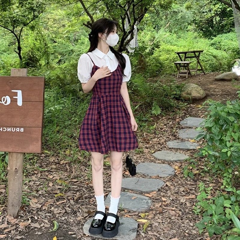 Preppy style puff sleeve dress for women, summer, high-quality, petite, elegant, waist-cinching, faux two-piece plaid mini skirt